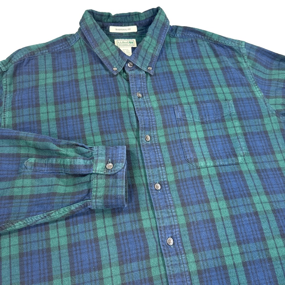 L. L. Bean Shirt Men's XXL Blue Green Buffalo Plaid Flannel Long Sleeve Cotton